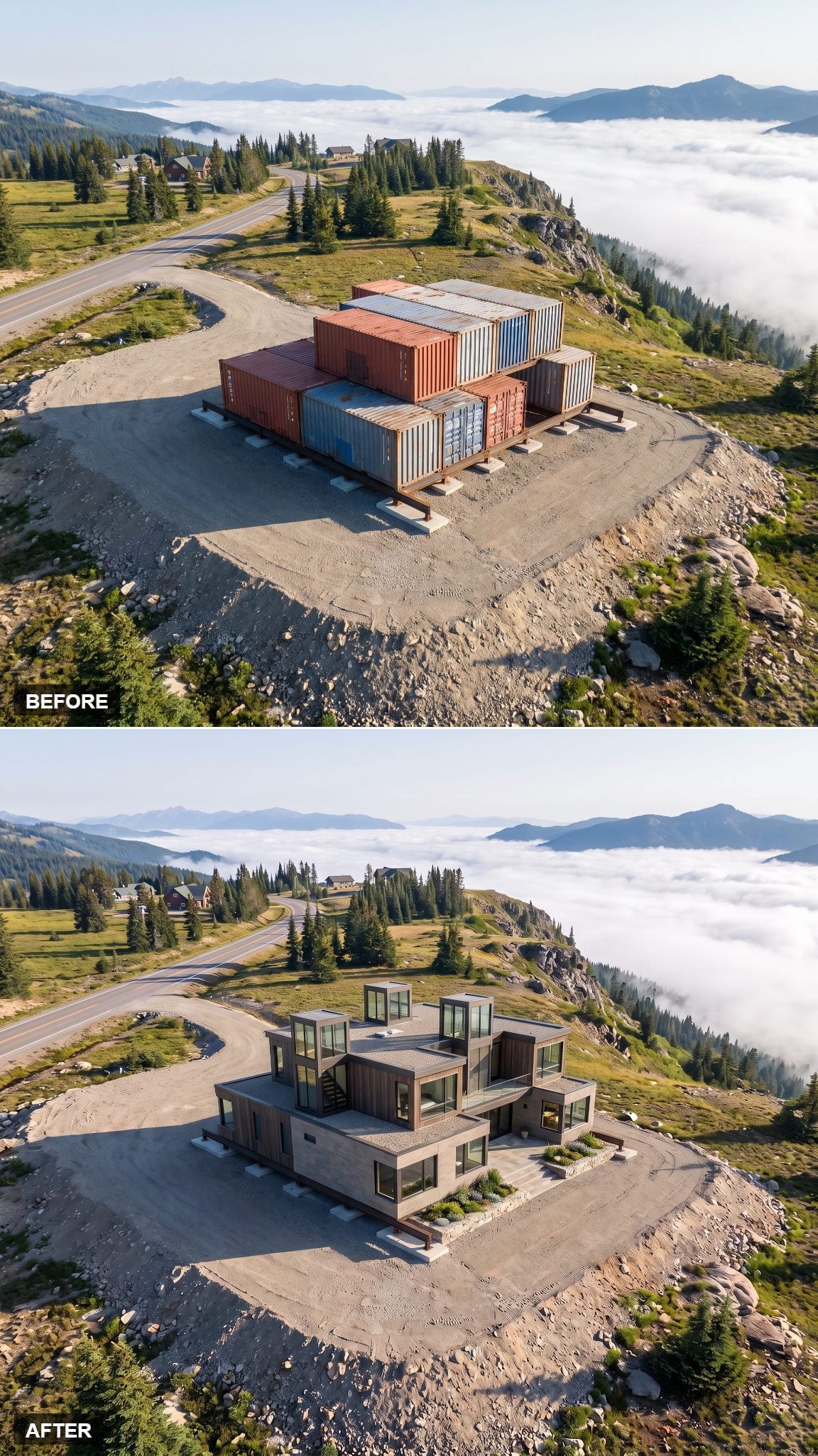 Container mountain house concept topped with three narrow glazed towers