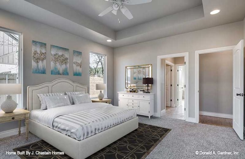 Soft Grays, Striped Bedding, and a Tray Ceiling That Earns Its Keep