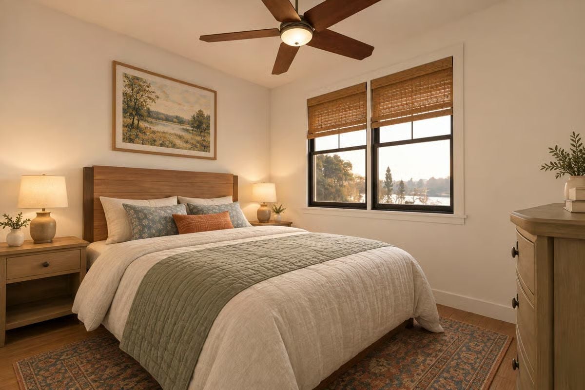 Bamboo Blinds and a Wood Headboard for People Who Sleep Better Near Trees