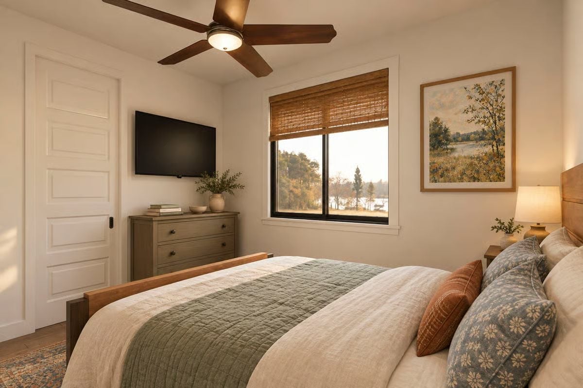 Bamboo Shades, Sage Bedding, and a Window That Earns Its Place