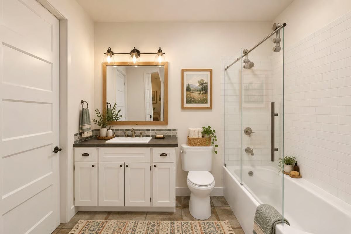 Wood Frame, Dark Countertop, and a Vanity That Pulls Its Weight