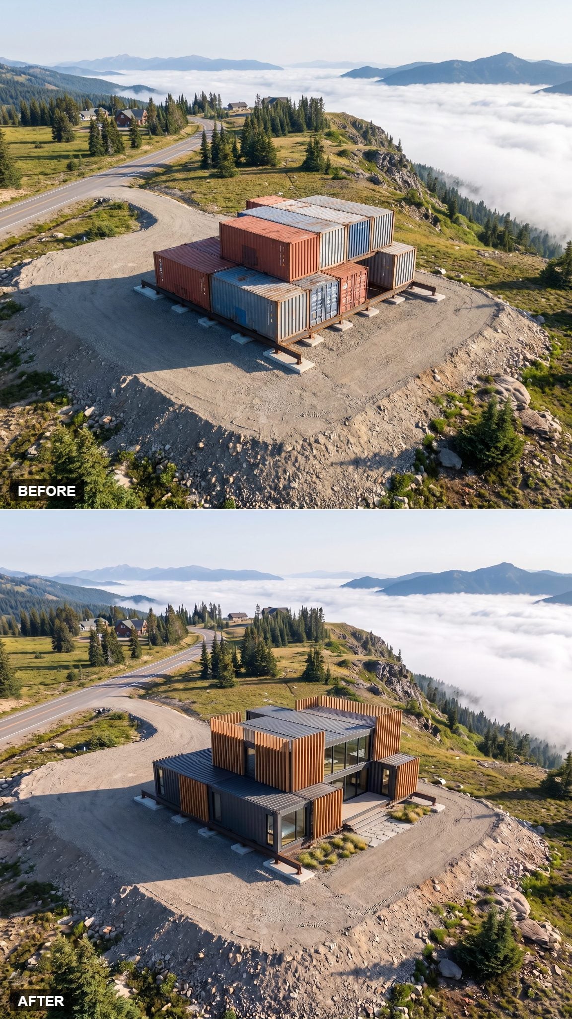Container house concept with operable vertical timber screens
