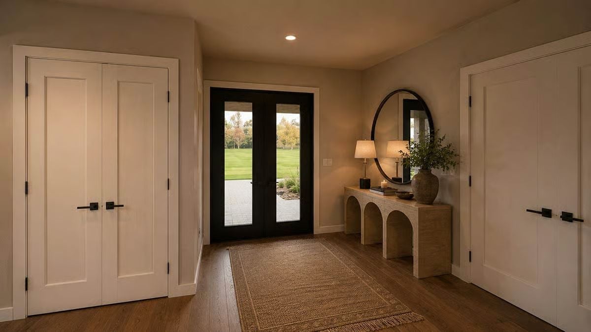 Dark Entry Doors, Arched Console, Round Mirror — Foyer Gets It Right