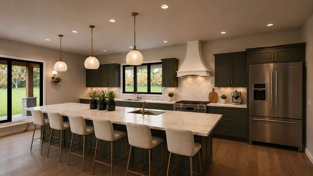 Olive Cabinets, Marble Island, Brass Fixtures — Kitchen Built to Last