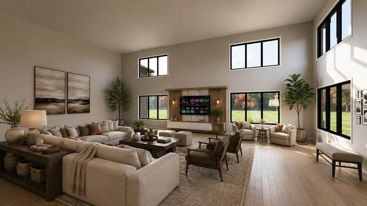 Soaring Ceilings, Warm Neutrals, Two Seating Zones That Actually Work