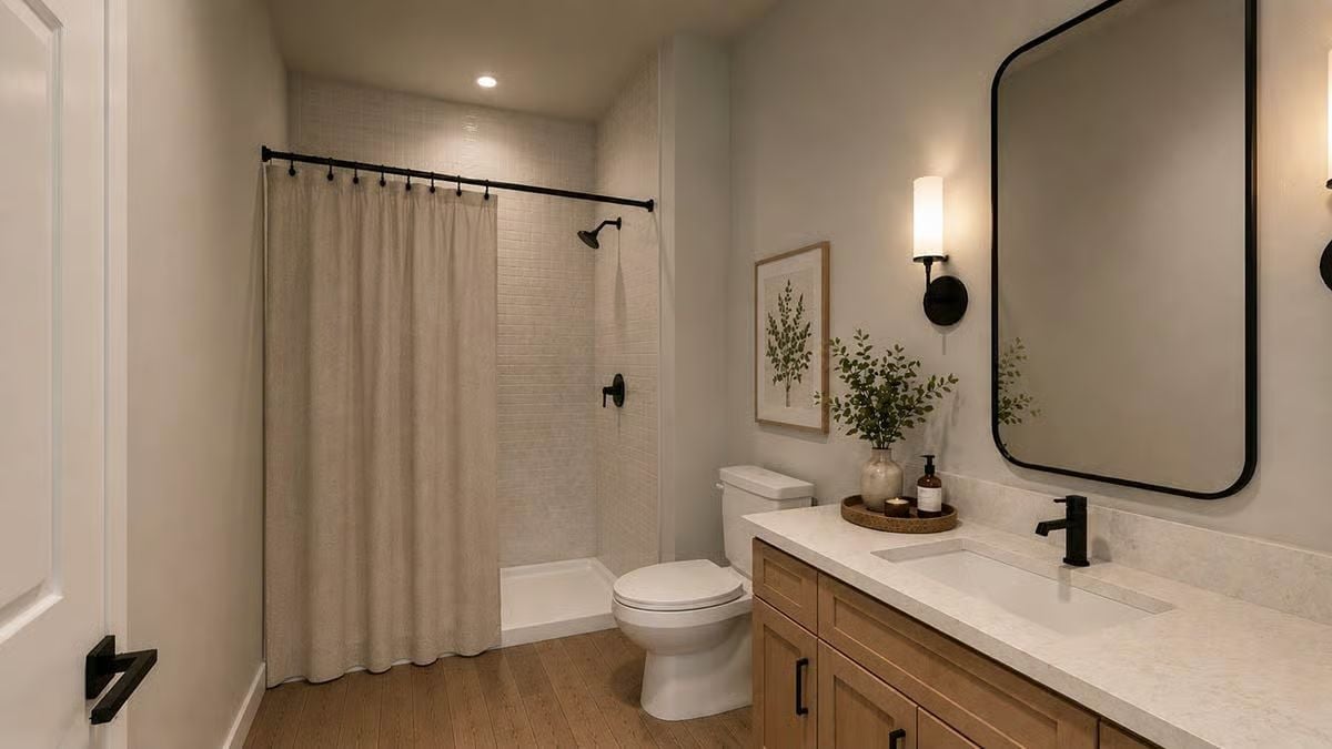 Warm Wood Vanity, Matte Black Hardware, Shower That Knows Its Job