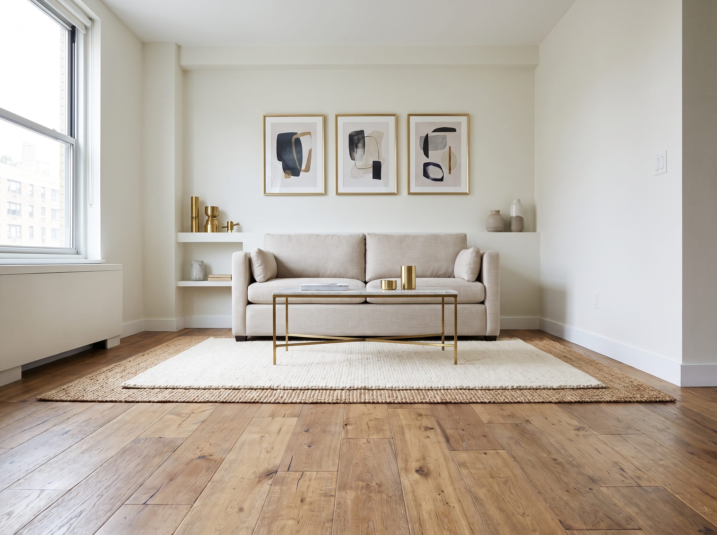 Small apartment living room with an 84-inch oatmeal sofa pushed flush against the back wall under two sconces and a framed