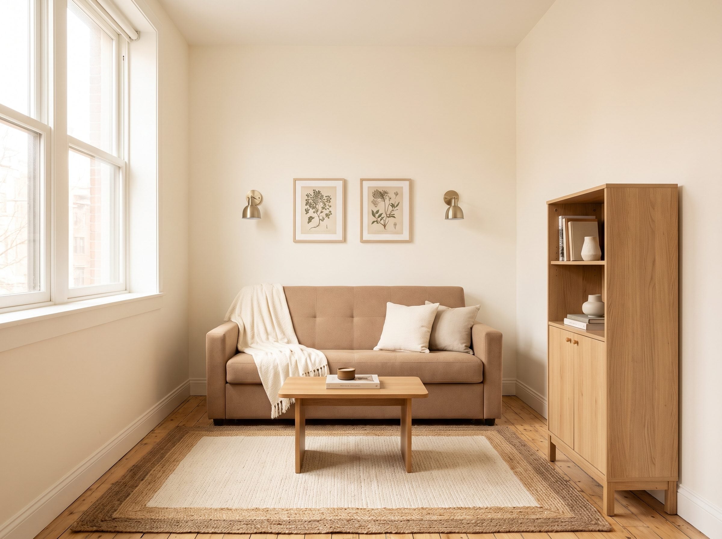 A 10-by-12-foot room with a sleeper sofa against one long wall, shallow storage and a wall-mounted TV against the opposite