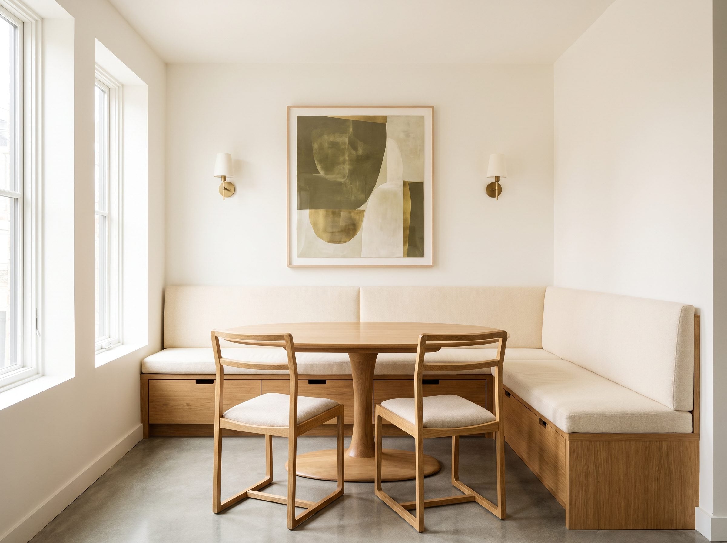 Small dining room with a cream banquette flat against the far wall, an oval table, two oak chairs on the open side, and a