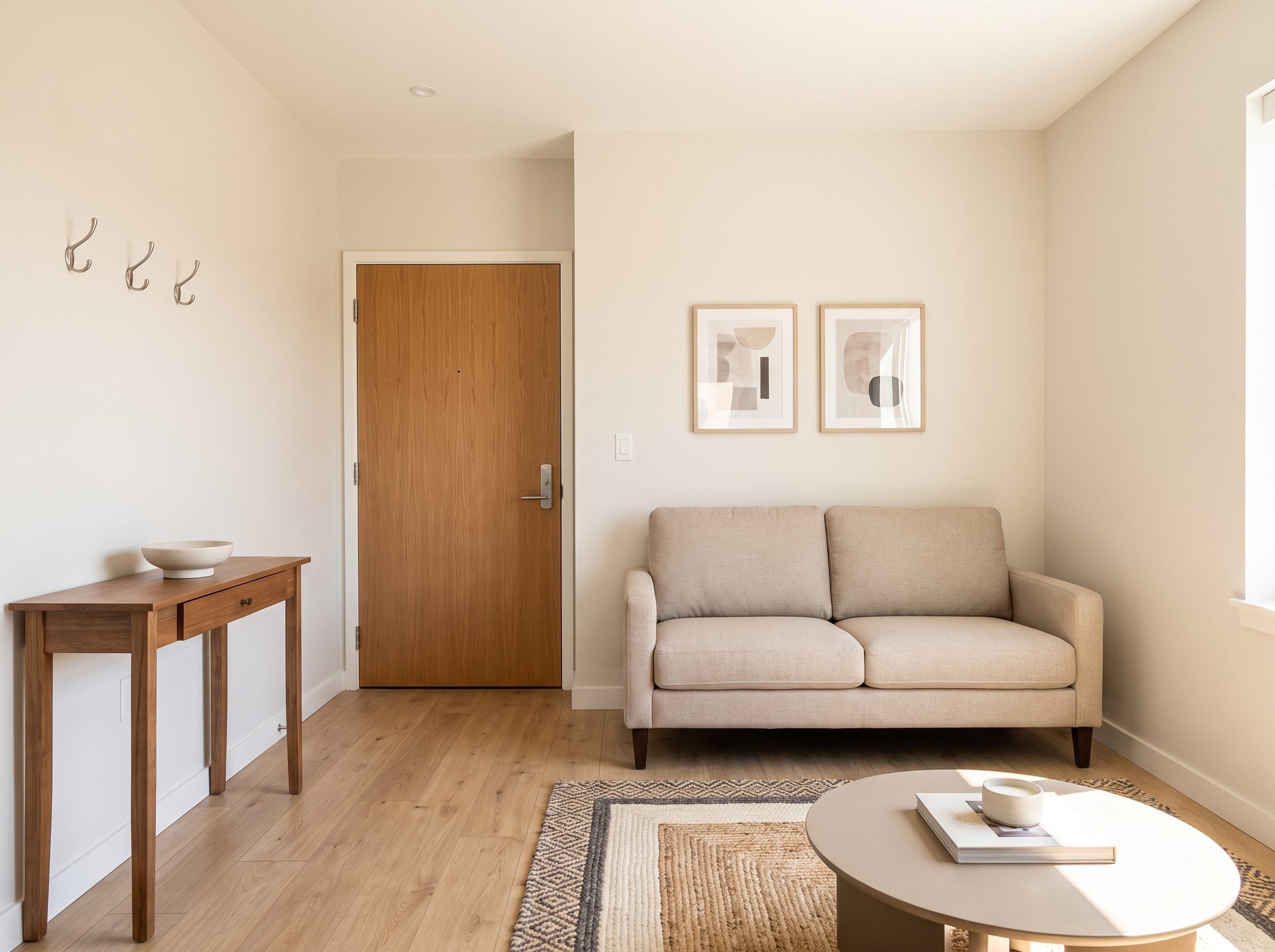 Compact apartment living room with an oatmeal sofa against the left wall and a 36-inch walkway running from the front door