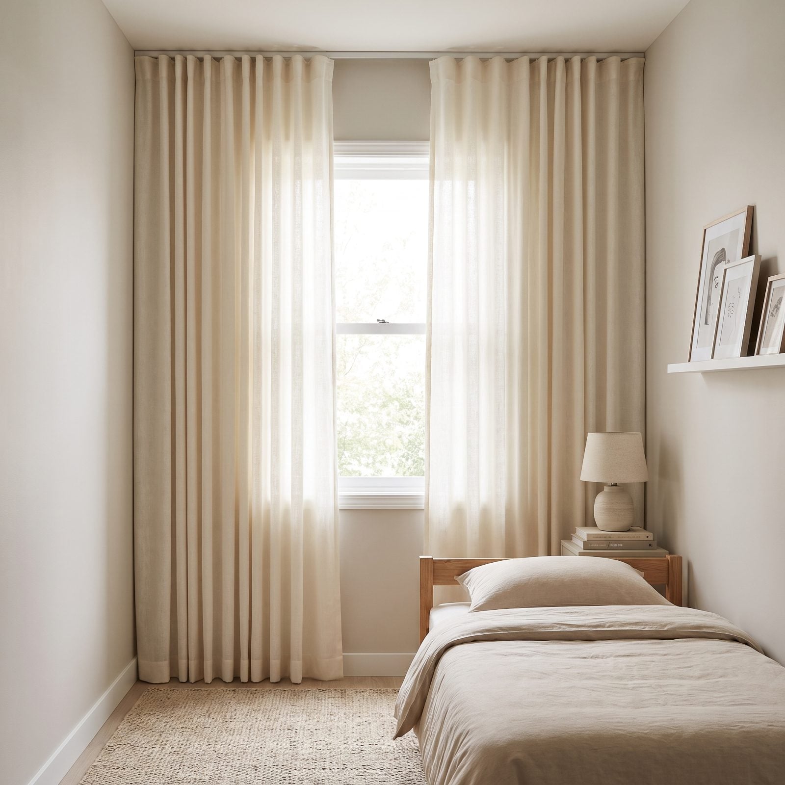 Tiny Guest Room With High Curtains Extending Well Beyond Both Sides of the Window