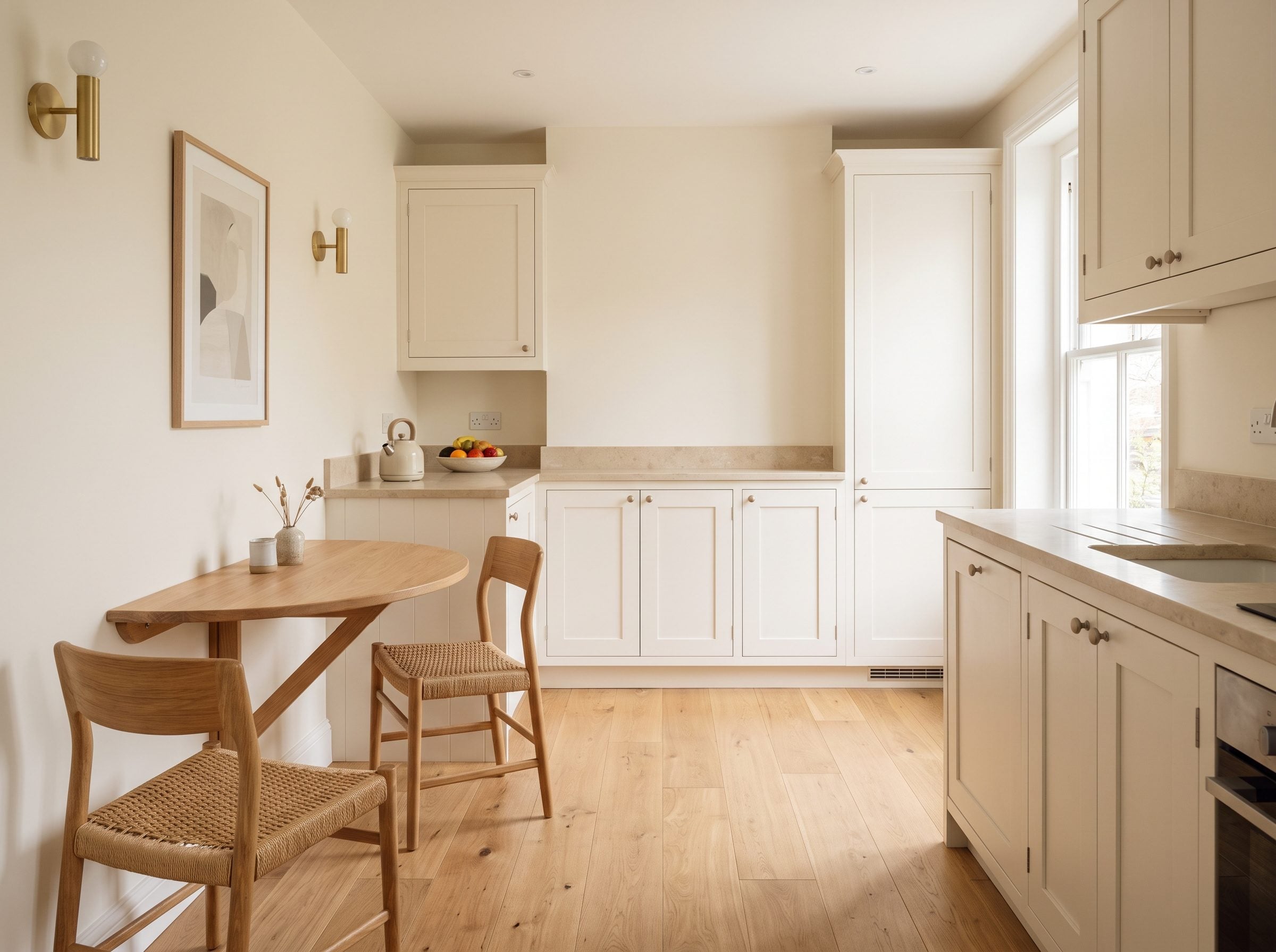 Small kitchen with a 20-inch-deep oak table pushed against the wall under a window and 42 inches of clear floor across the