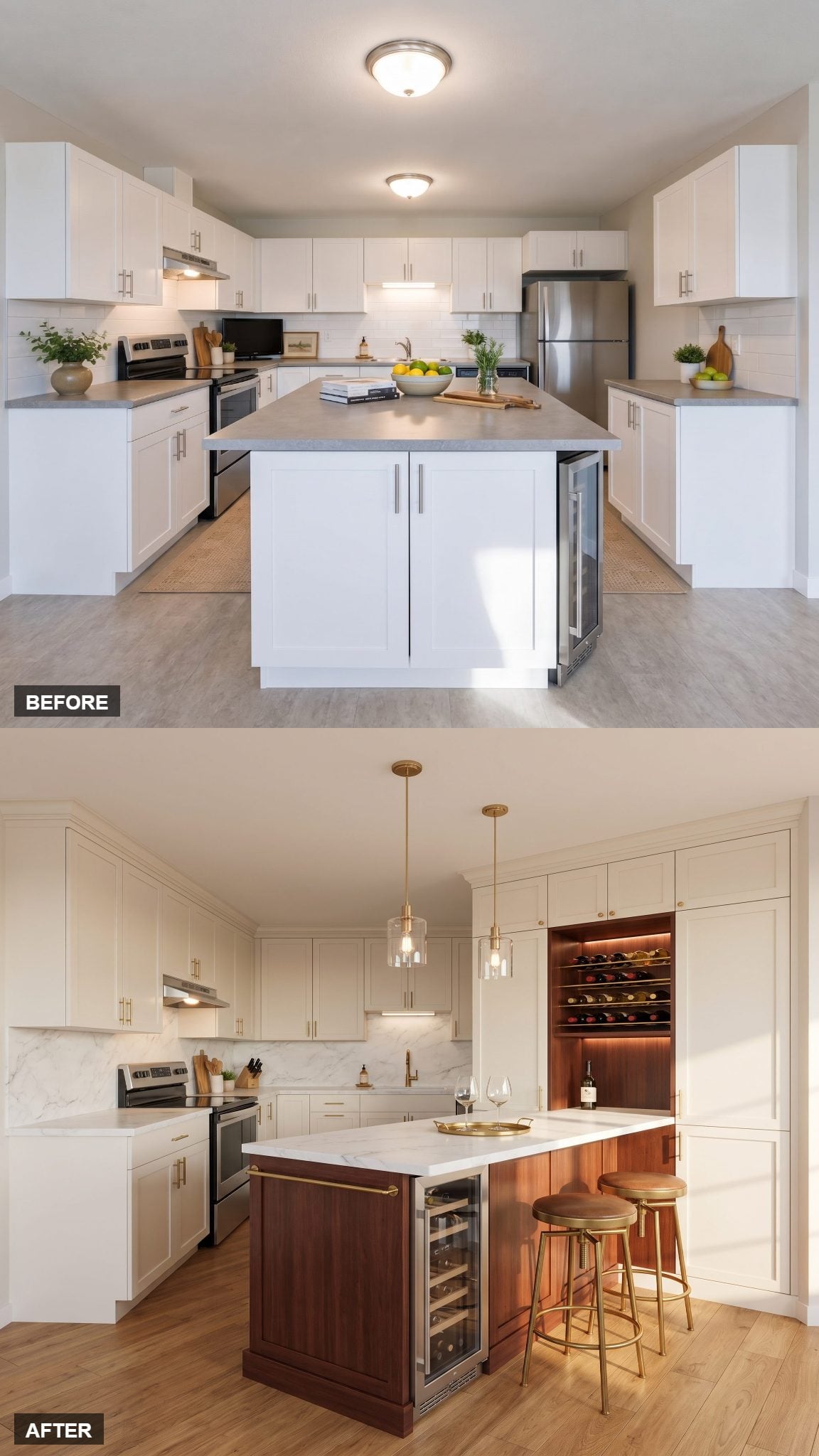 A kitchen redesigned for entertaining with white cabinetry, mahogany, brass details, and integrated seating