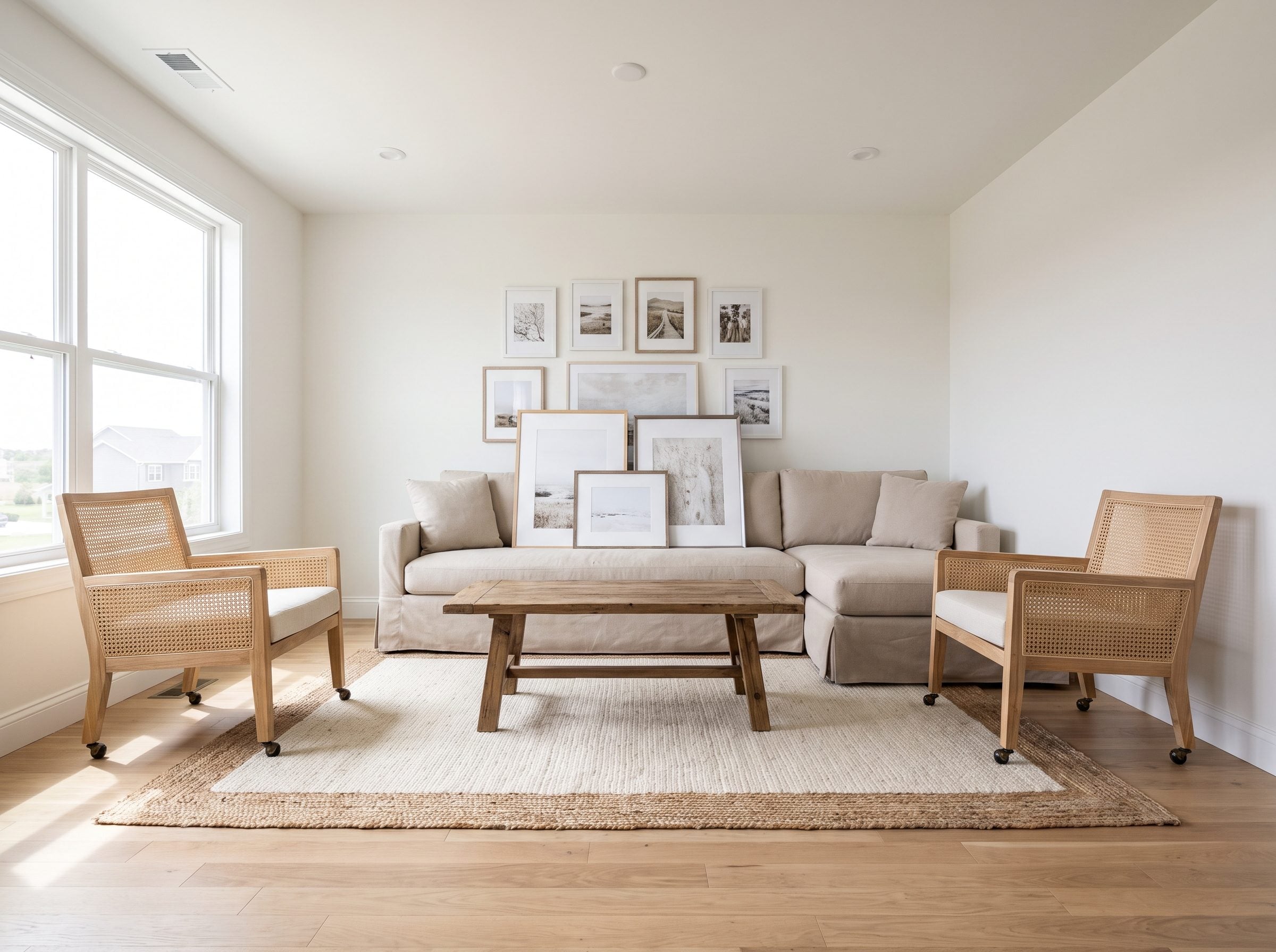 Small apartment living room with a cream sofa flat against the long wall and two terracotta chairs facing it across a