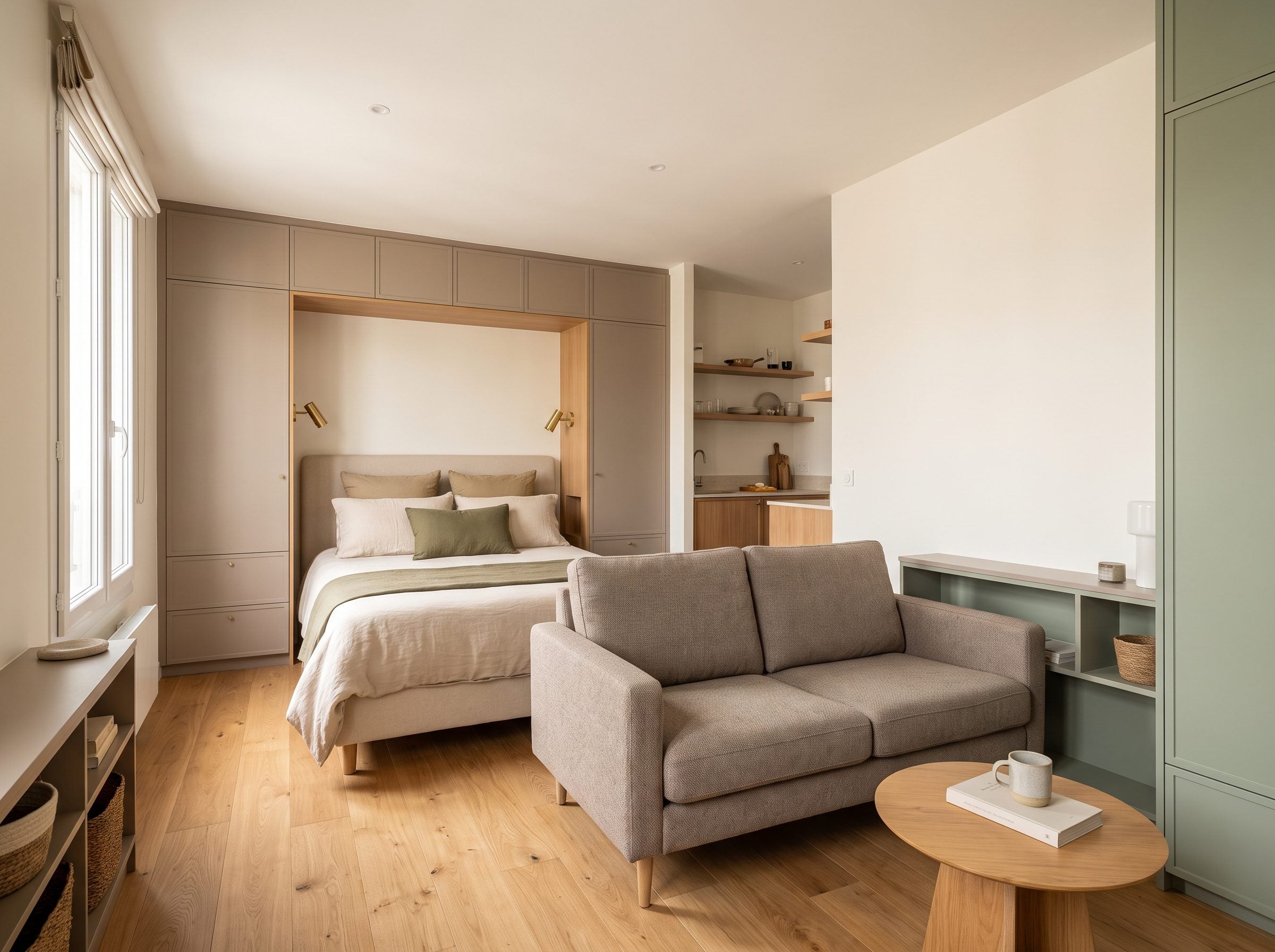 Studio apartment with a queen bed set into a shallow wall alcove on the left and a 36-inch walkway running down the center
