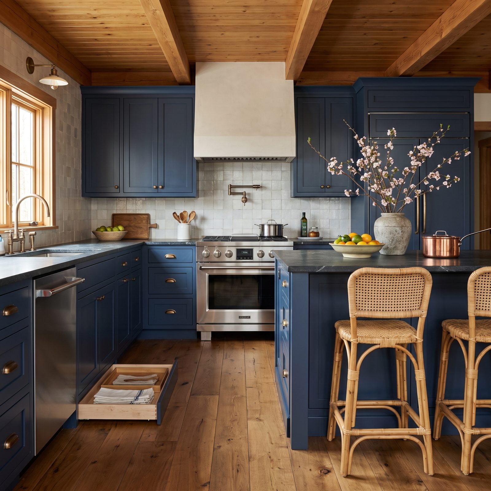 White oak kitchen with a floor-level toe-kick drawer pulled open below the base cabinets.
