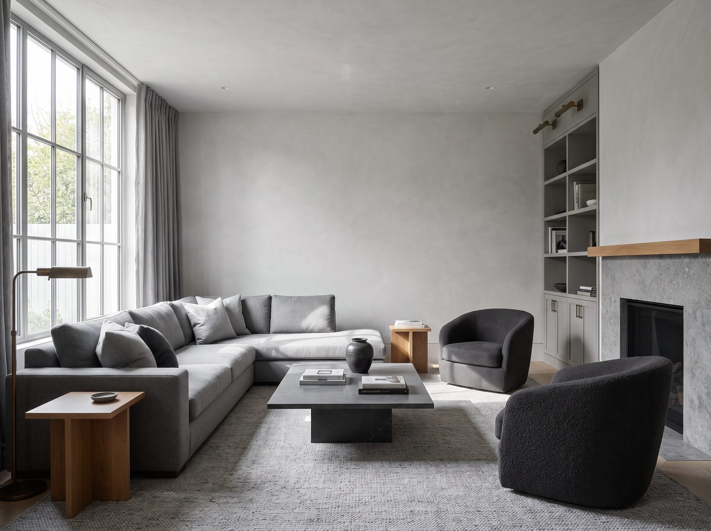 Living room with six different shades of gray across plaster walls, a wool sectional, bouclé chairs, a stone fireplace, and