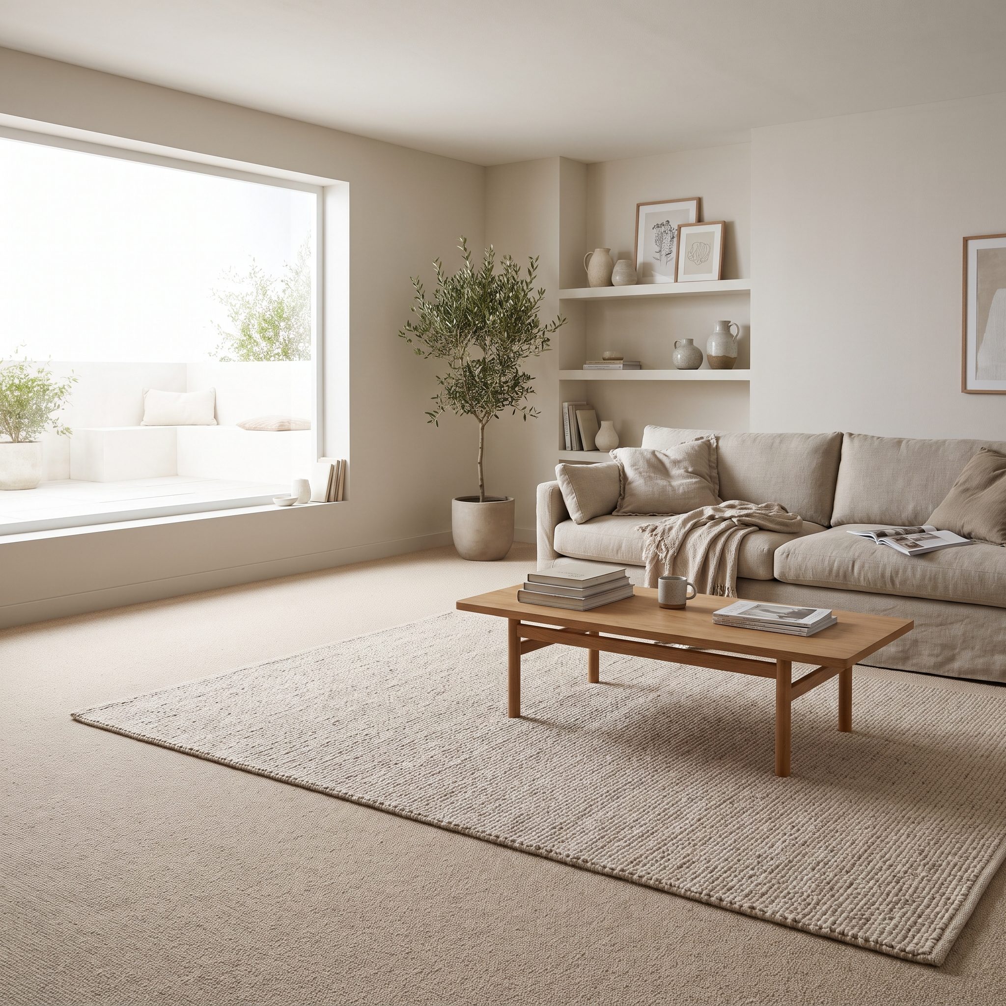Bedroom with an ivory wool rug and thin charcoal border layered over oatmeal-beige wall-to-wall carpet beneath the front of the bed