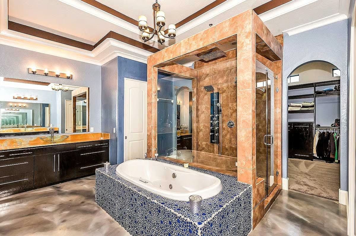 Mosaic Tub Surround and Rain Shower Living in the Same Room Without Apologizing