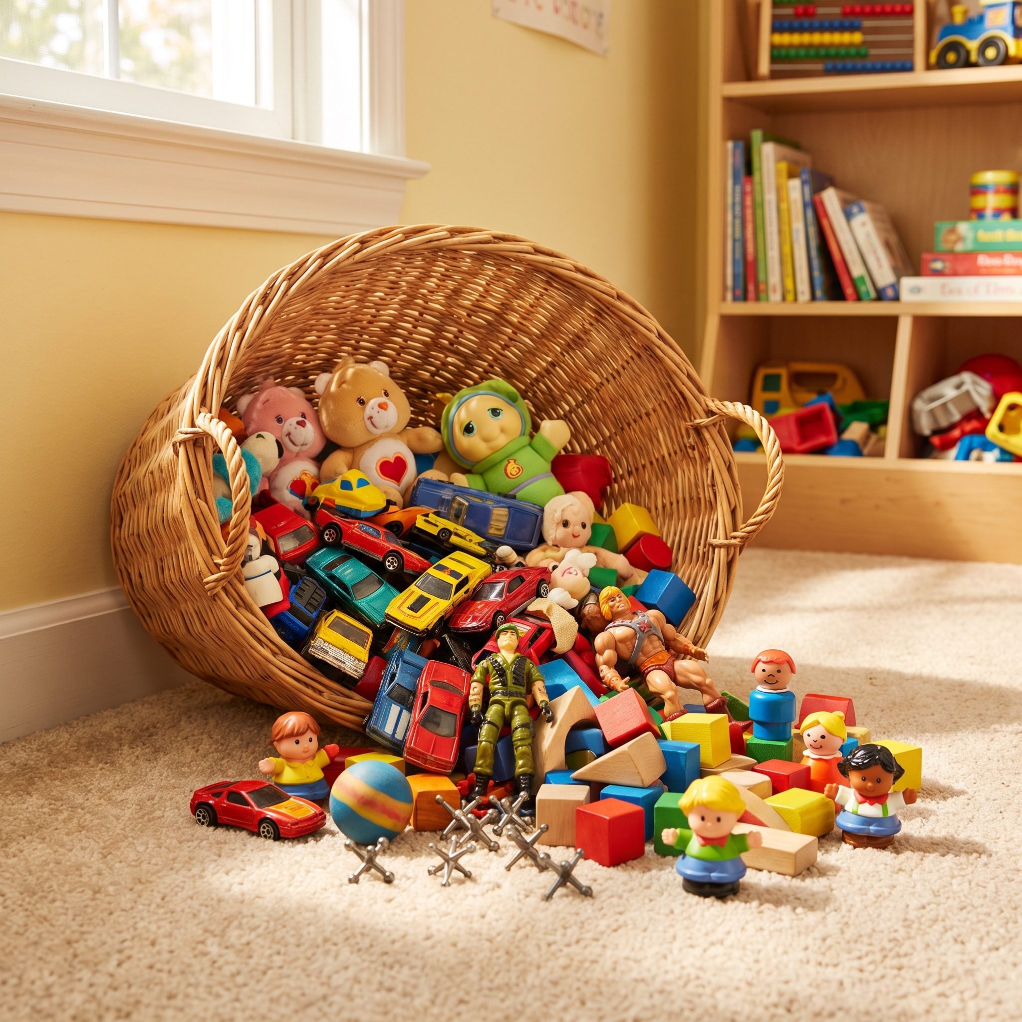 A Toy Basket Overflowing With Small 1980s Toys