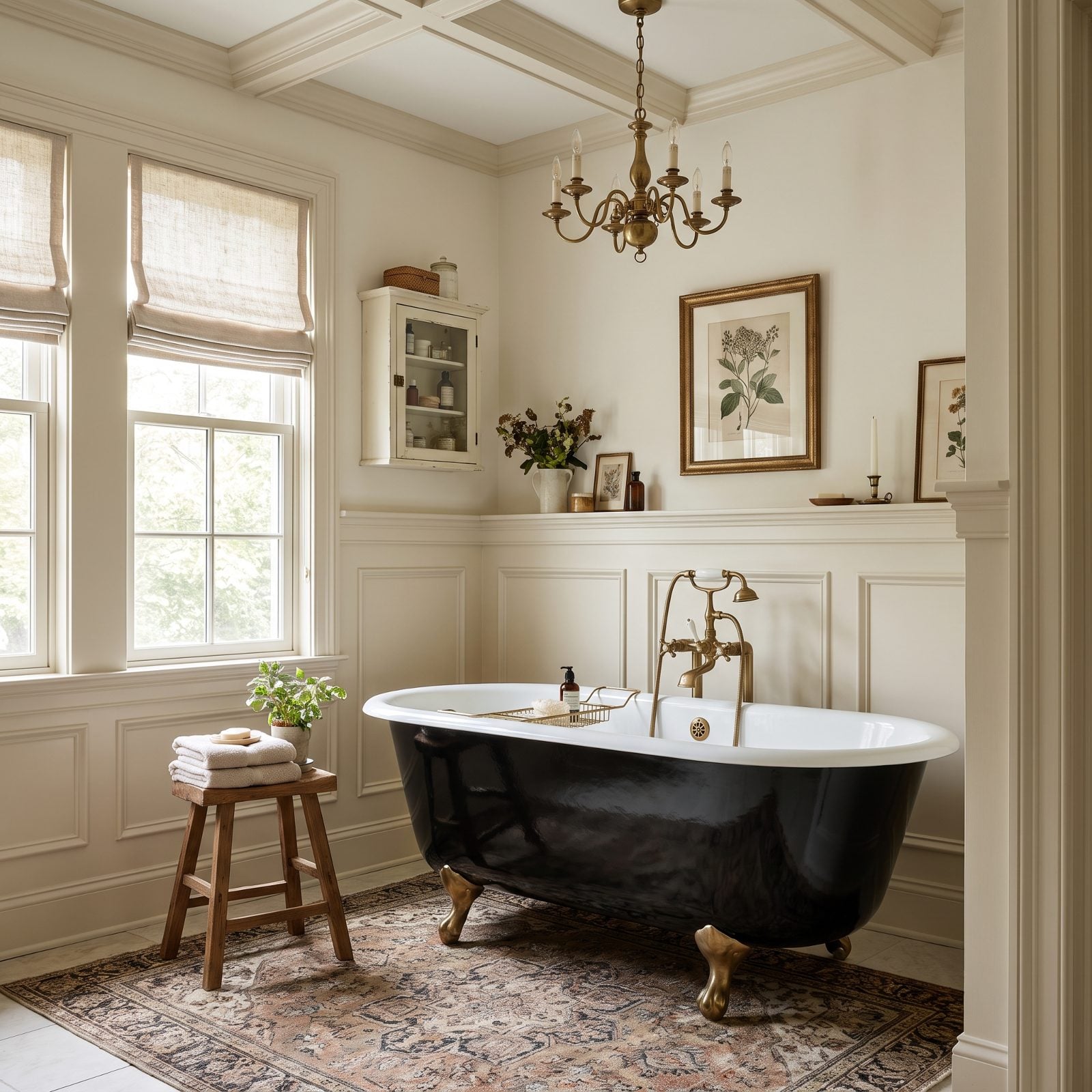 Traditional Cream Bathroom With a Black Clawfoot Tub