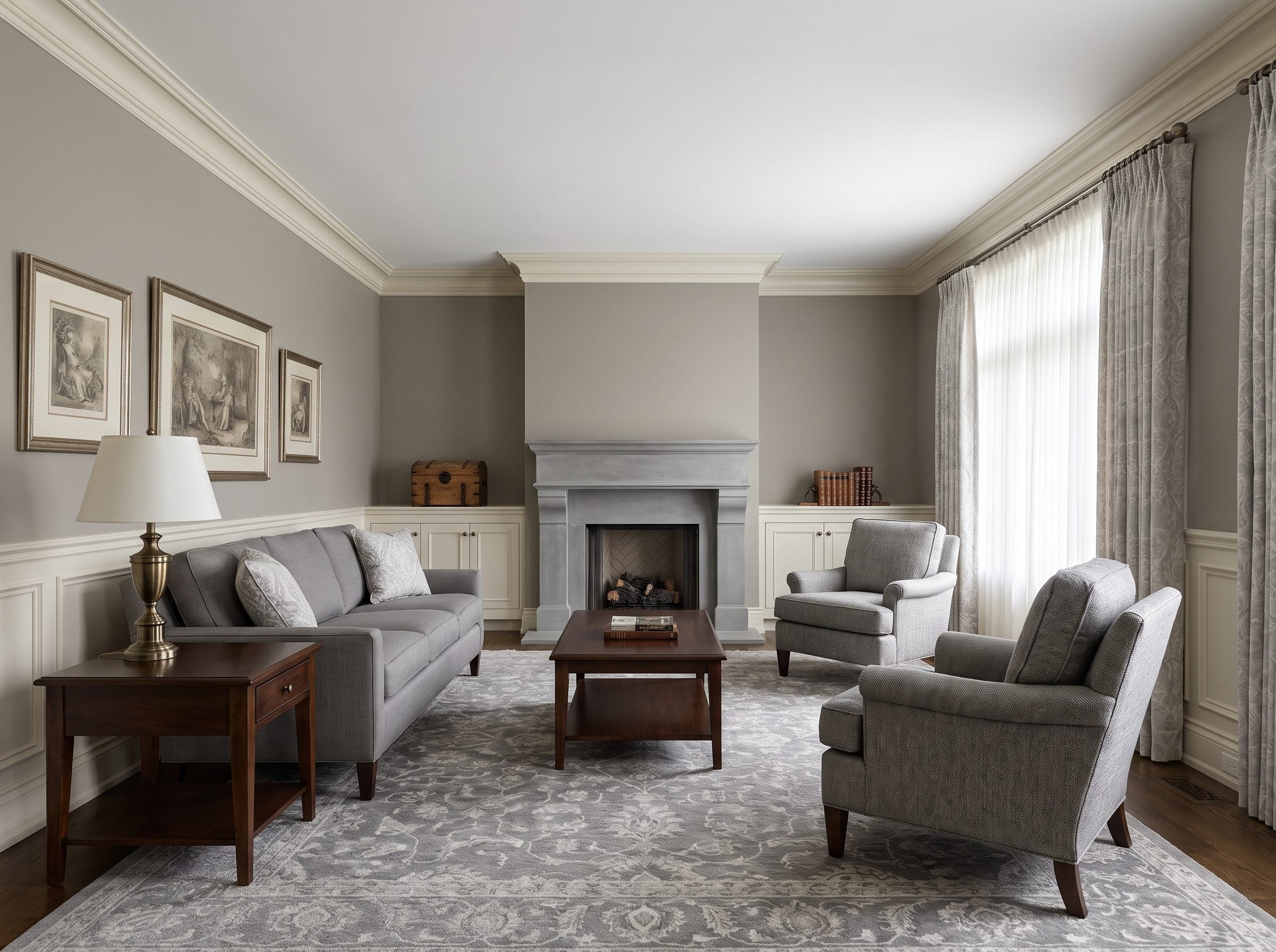 Traditional living room with warm-gray walls, white-gray raised-panel millwork, a gray limestone fireplace, and a gray