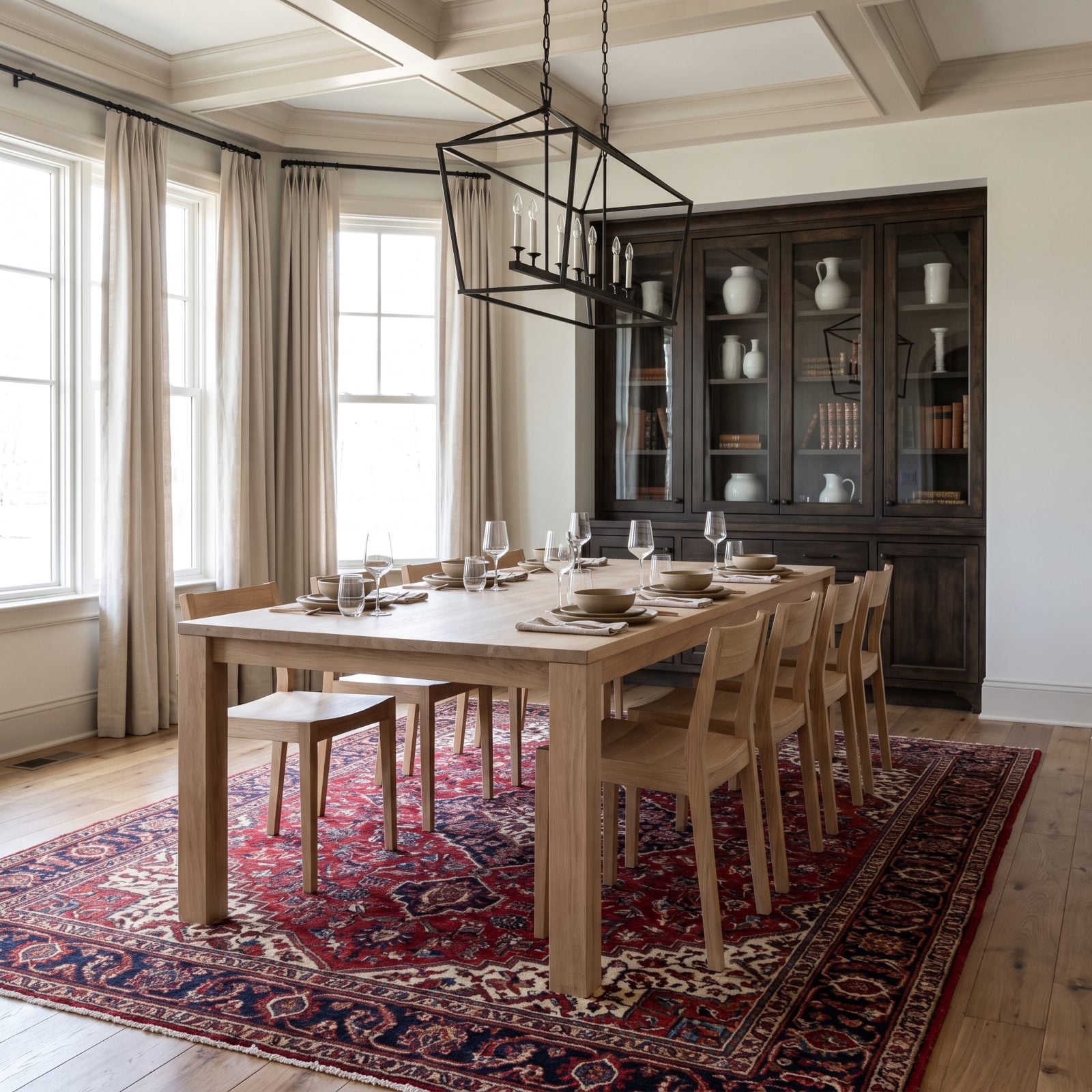 Minimalist dining room where an ornate red-and-navy Persian medallion rug sits beneath a spare light-oak table and wire