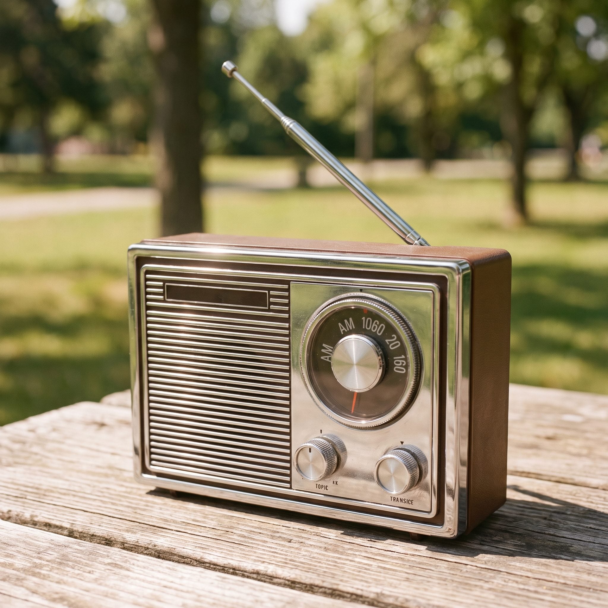 Portable transistor radio playing outdoors at a backyard gathering