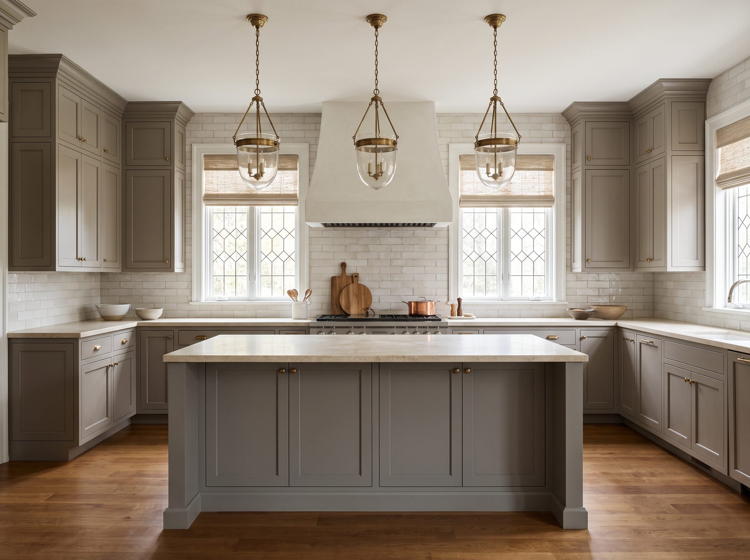 Transitional kitchen with warm greige shaker cabinets, a gray island, aged-brass hardware, cream stone counters, and