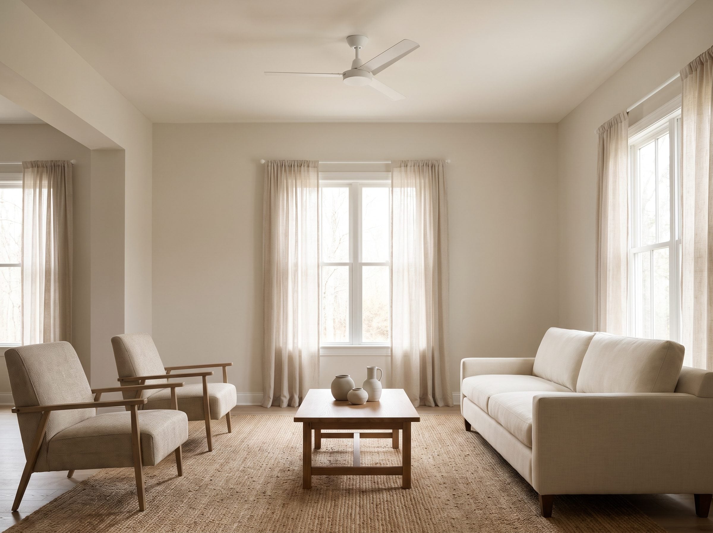 Transitional living room with a three-blade black ceiling fan hanging about 8 inches below a 9-foot ceiling, with a standard