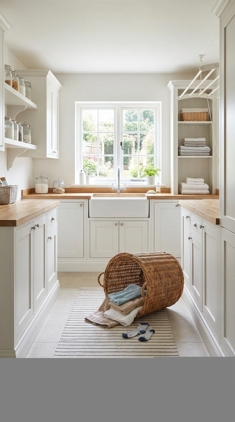 Sage-green laundry room with three freestanding canvas hampers taking up floor space in the corner.