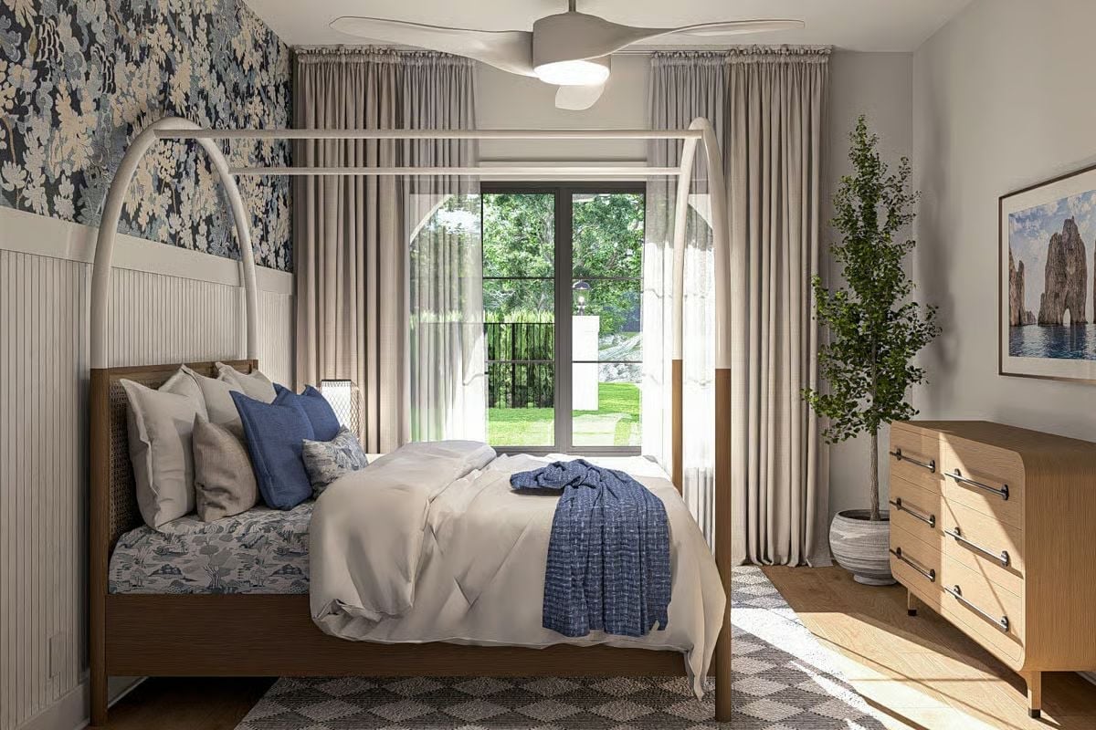 Canopy Bed, Floral Wallpaper, and a Garden View That Pulls the Outdoors In