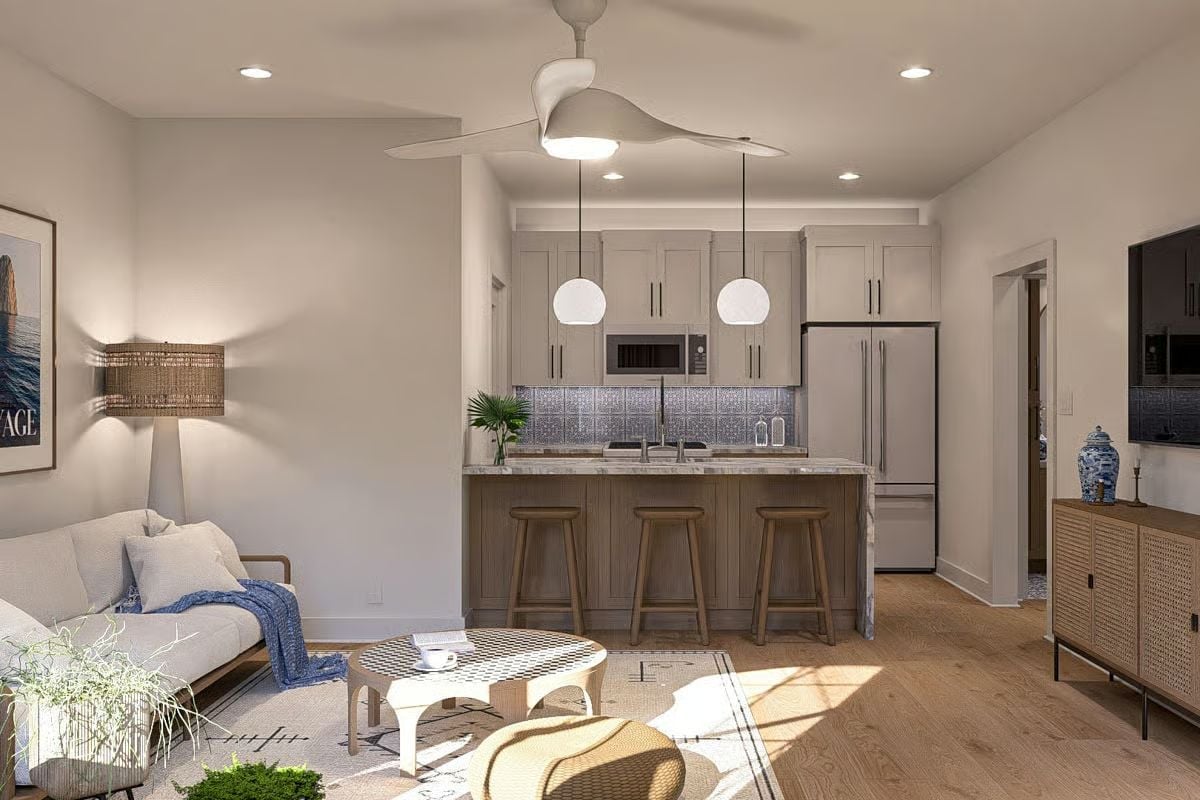 Marble, Wood, and Pendant Globes Make a Small Kitchen Feel Like a Resort Bar