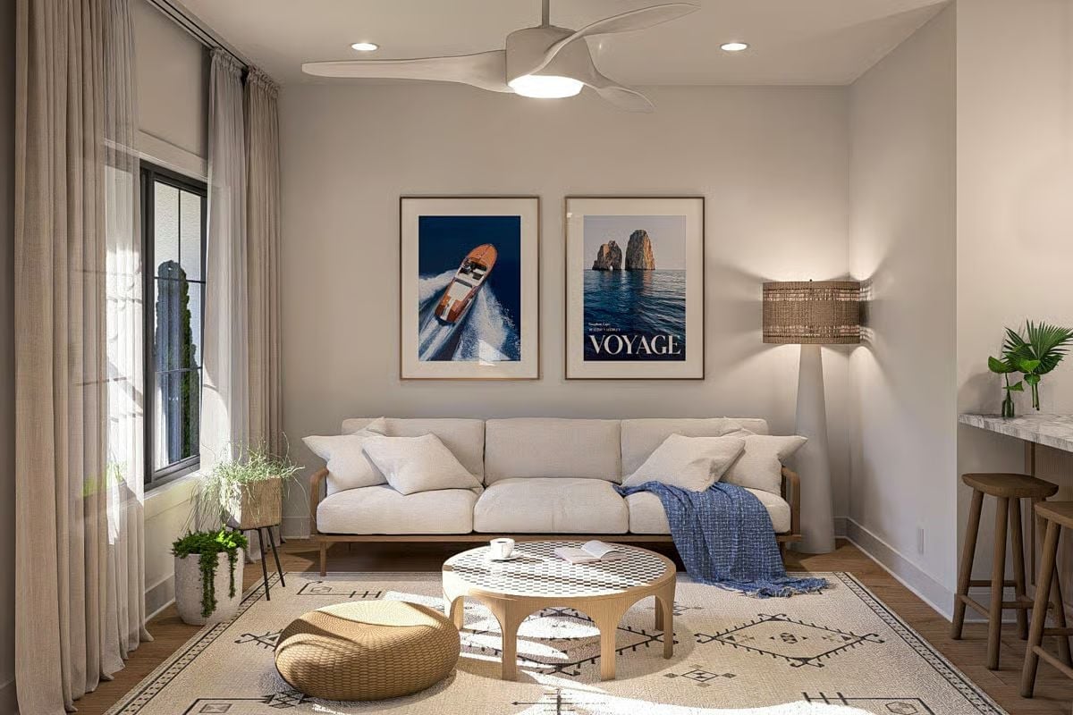 Nautical Art and Warm Wood Ground a Living Room Built for Slow Mornings