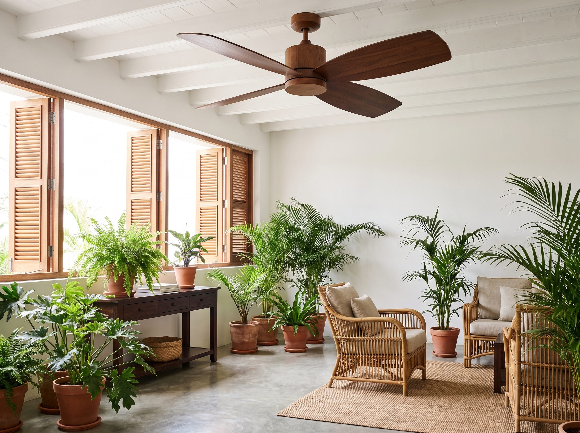 Tropical sunroom with a five-blade woven cane ceiling fan hung from an eight-foot ceiling above a rattan lounge chair and