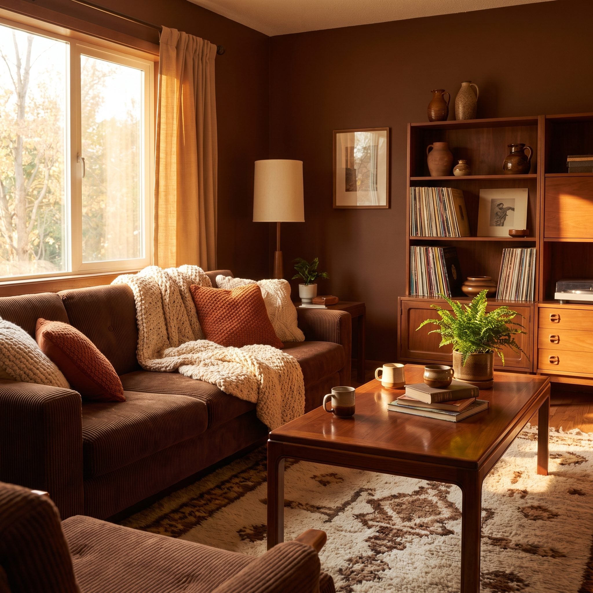 Chocolate-brown living room with a cream linen sofa and brass lamp