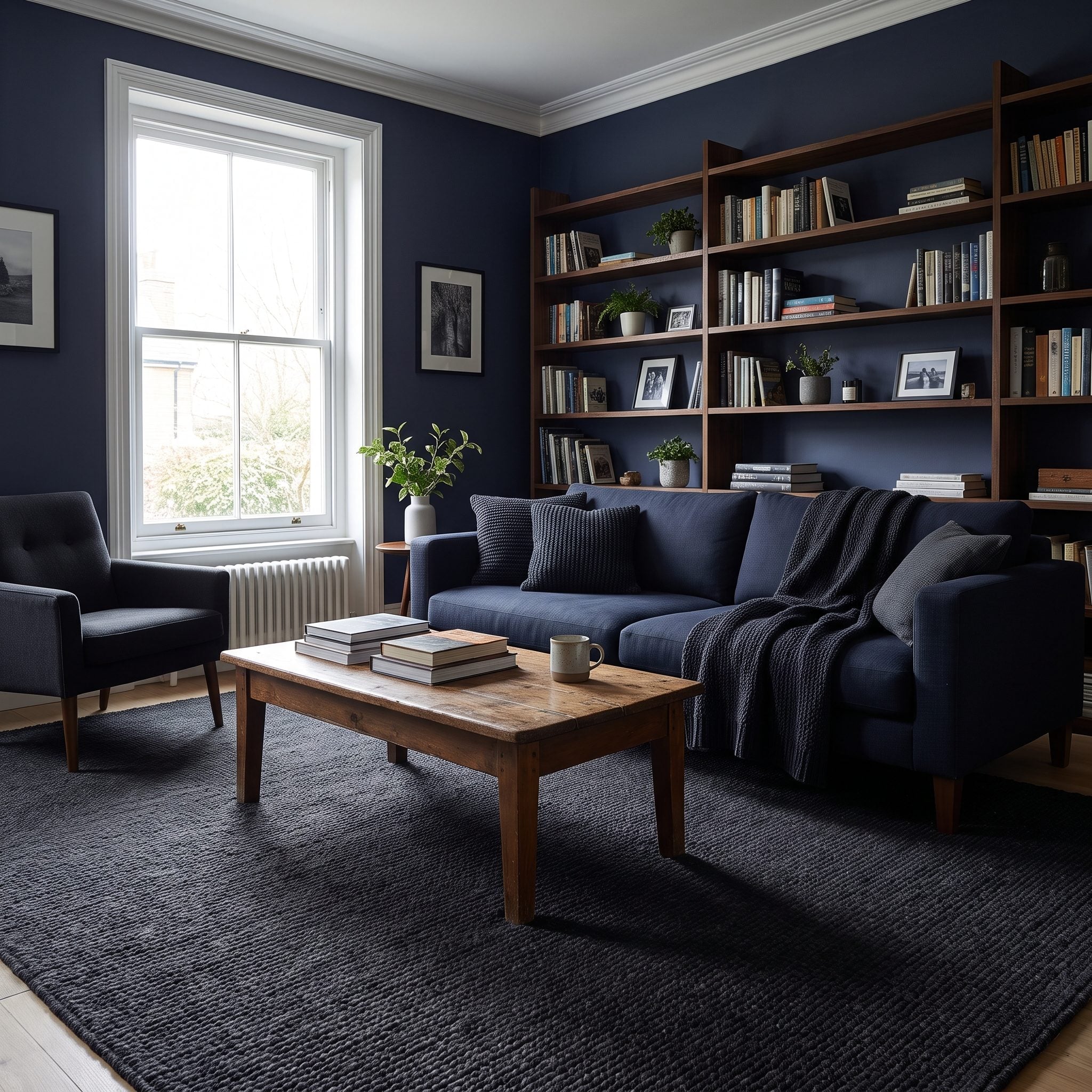 Cocooning charcoal living room with a dark rug and pale oatmeal sofa