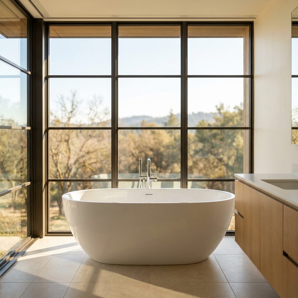 The Tub Parked in Front of a Big Window With Nothing Covering It