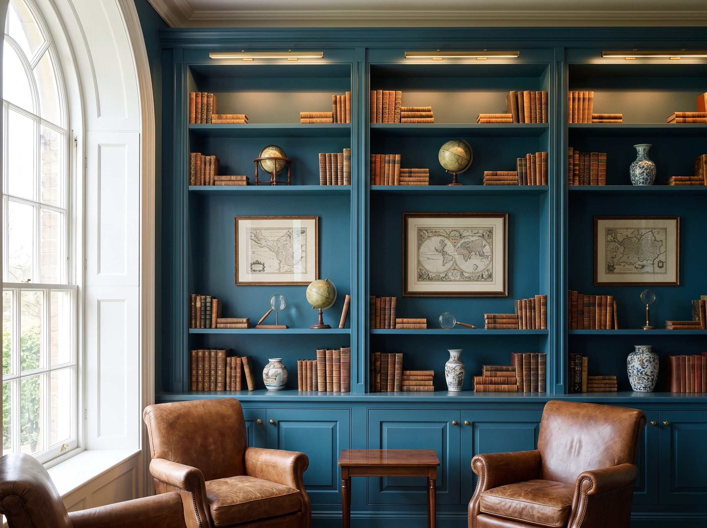 Reading corner with a floor-to-ceiling bookcase painted the same dark color as the surrounding wall