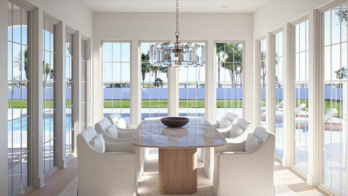 Marble Table, Grid Windows, and a Pool That Eats Into Every Sightline