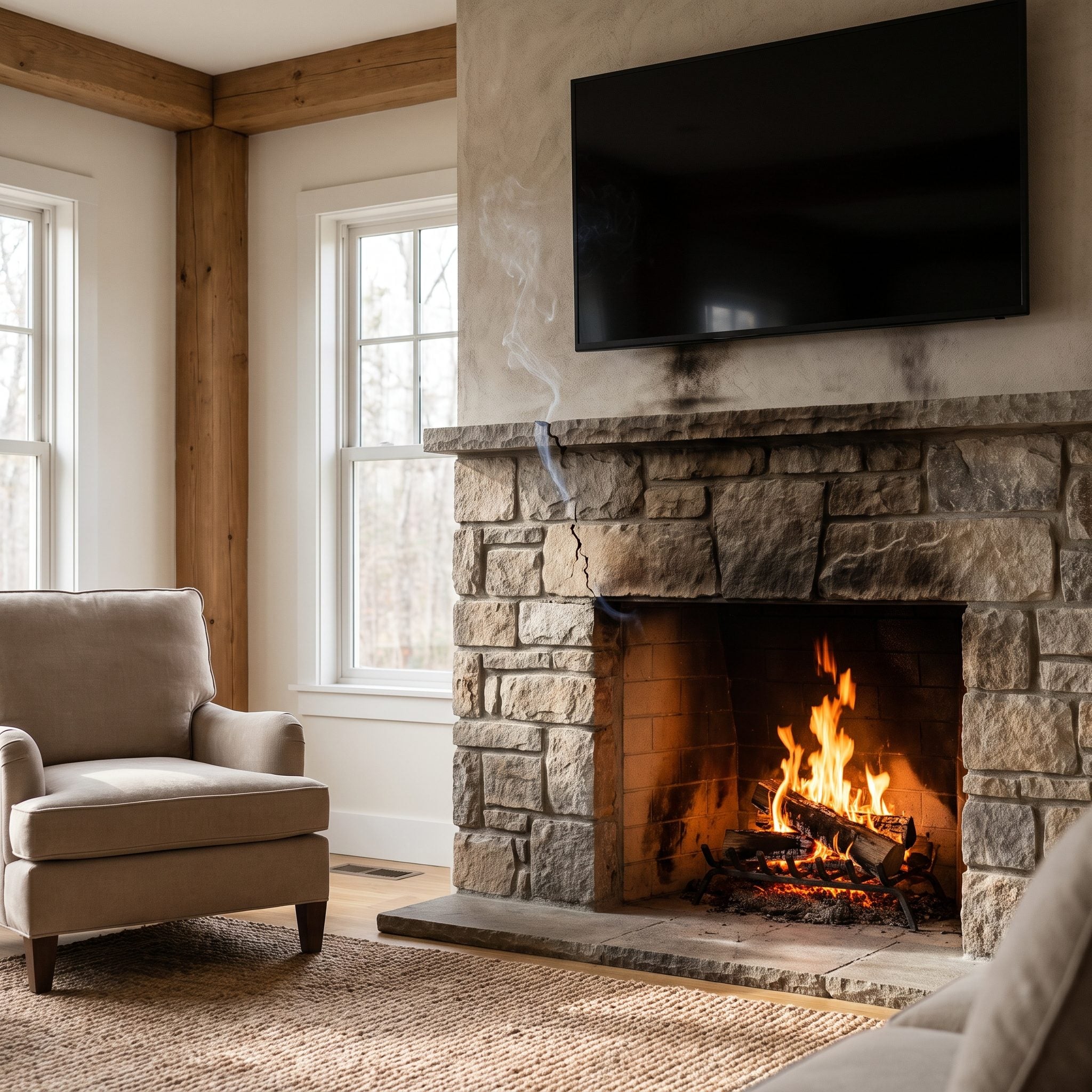 Rustic living room with a 70-inch TV mounted on stone above an open wood-burning fireplace with soot haze on the stone.