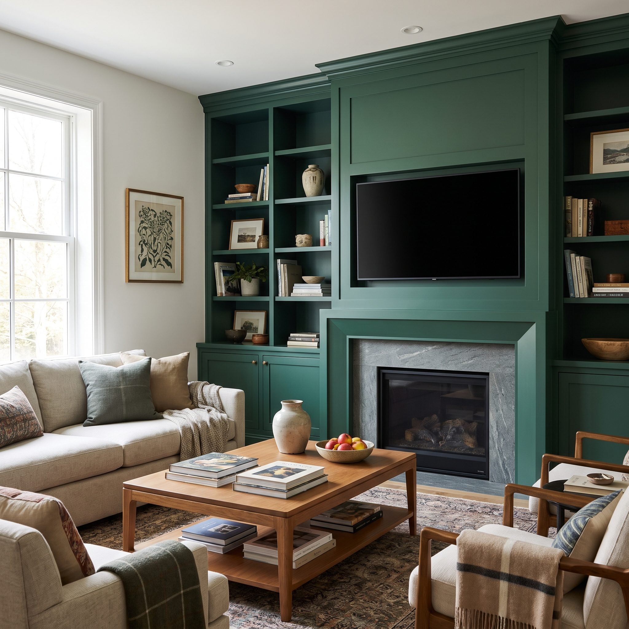 The TV Built Into Cabinetry Beside the Fireplace