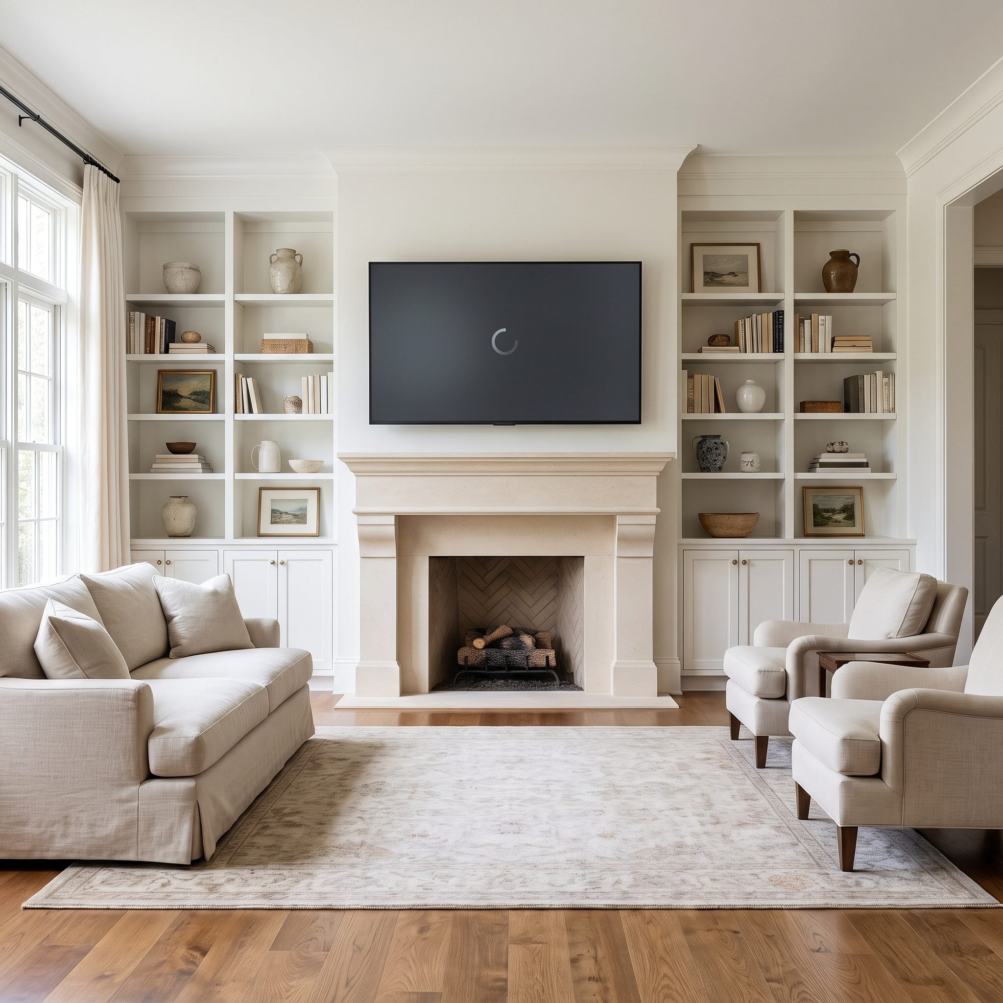 The TV Competing With Built-Ins on Either Side of the Fireplace