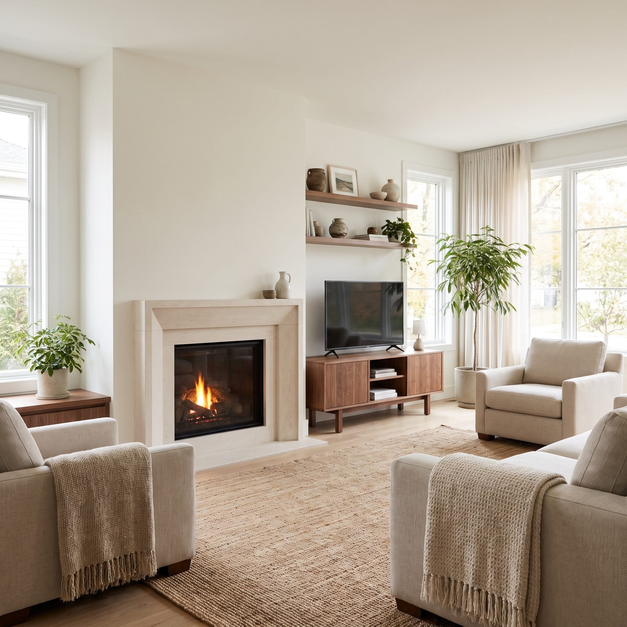 The TV on a Low Media Console Beside the Fireplace Instead