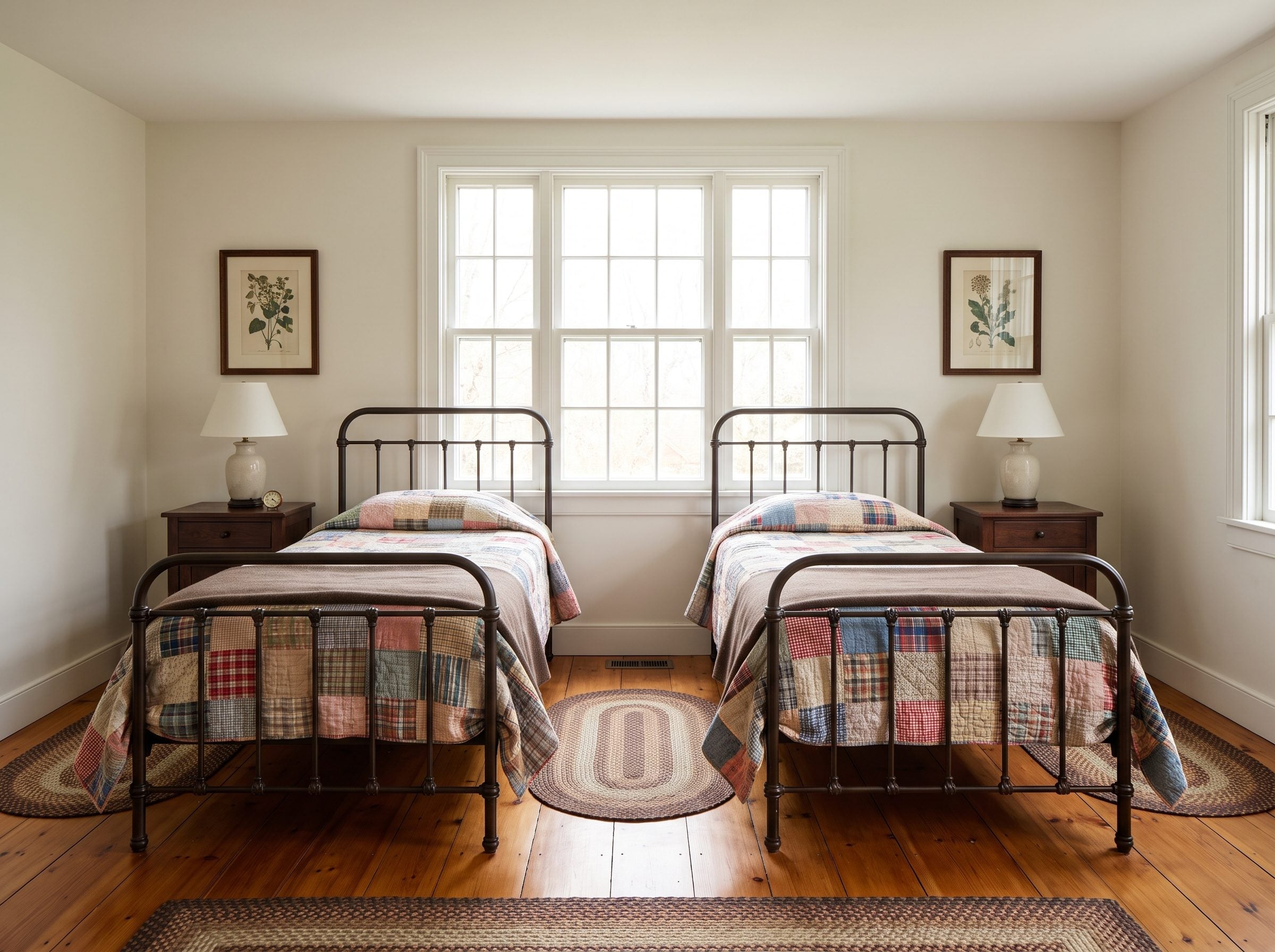 Guest bedroom with two matching twin beds set about 30 inches apart and one shared nightstand centered between them.