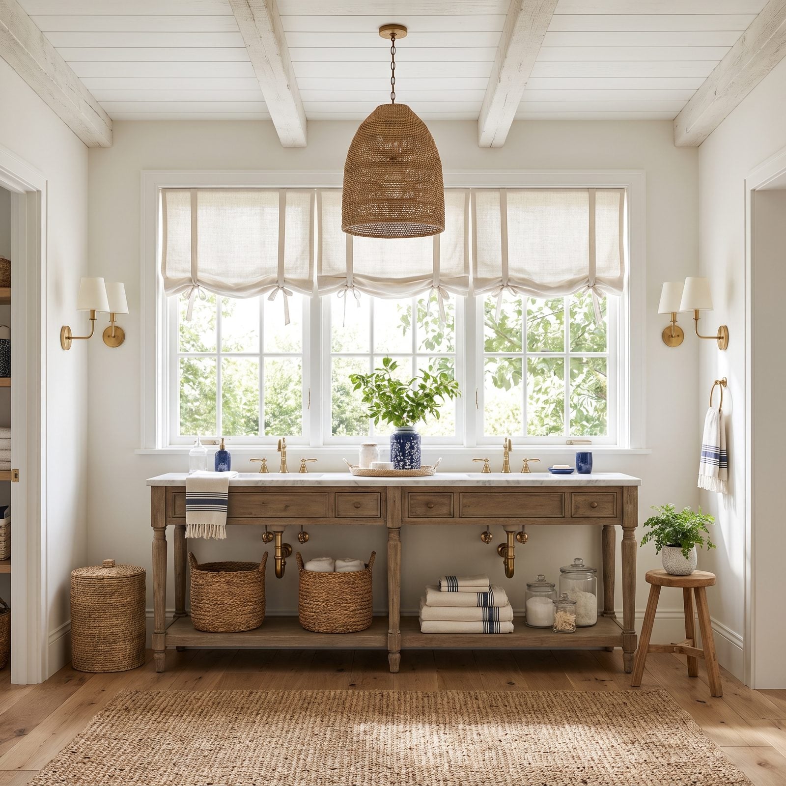 Oak double vanity under a wide window with no wall space for mirrors above either sink.
