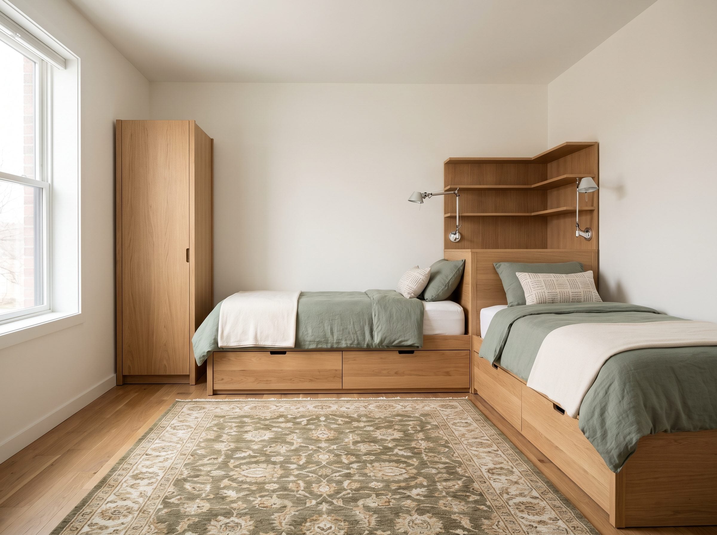 Ten-by-ten children's bedroom with two twin beds meeting at a right angle in the corner, a shared corner table between them,