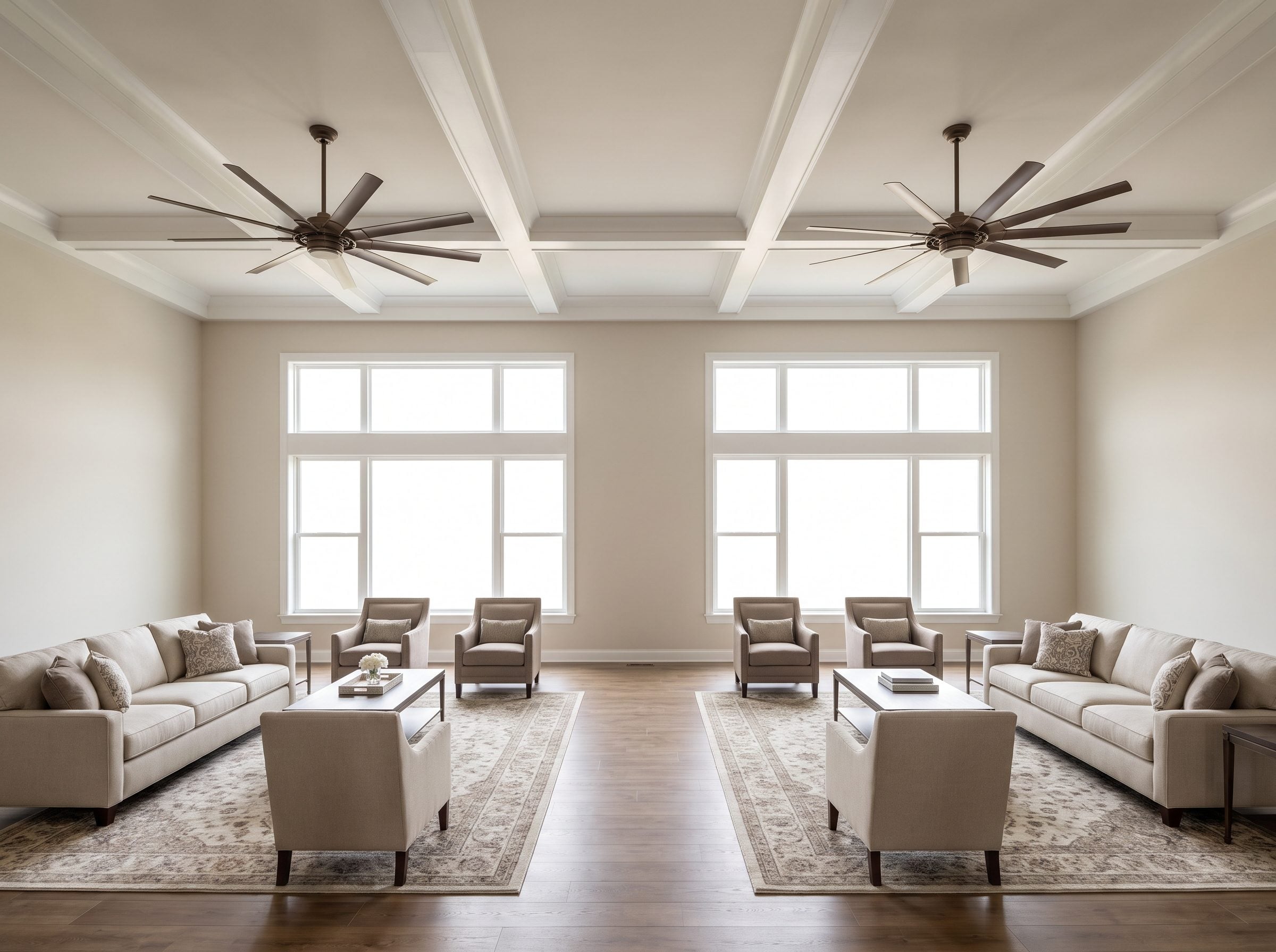 Open great room with two matching 52-inch black ceiling fans spaced about 16 feet apart along the center of the ceiling, one
