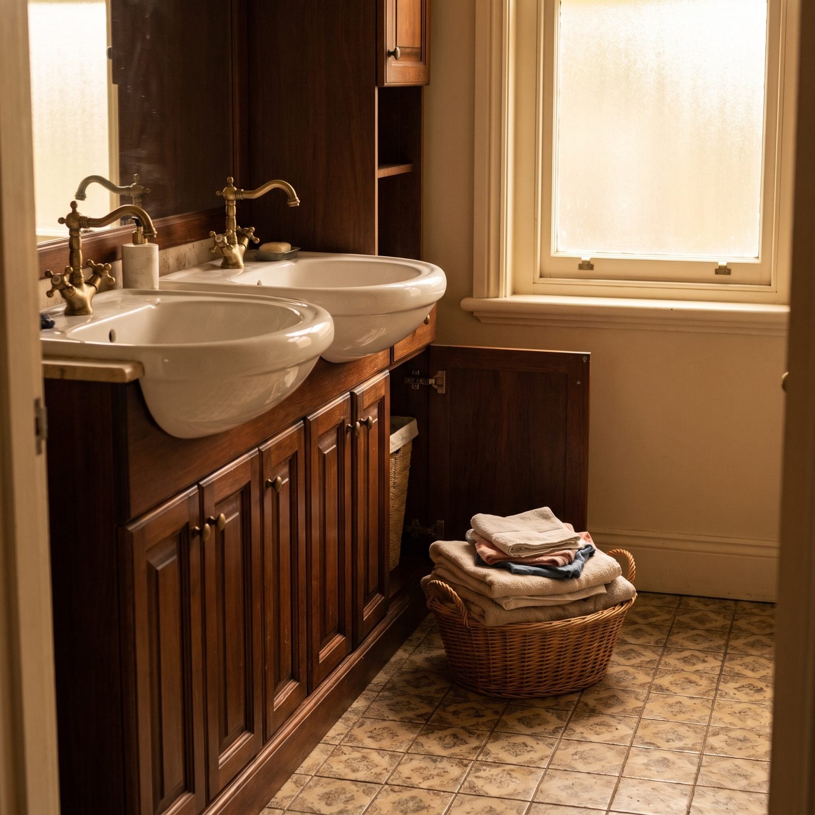 Small navy double vanity bathroom with a wicker laundry basket on the floor blocking part of the doorway.