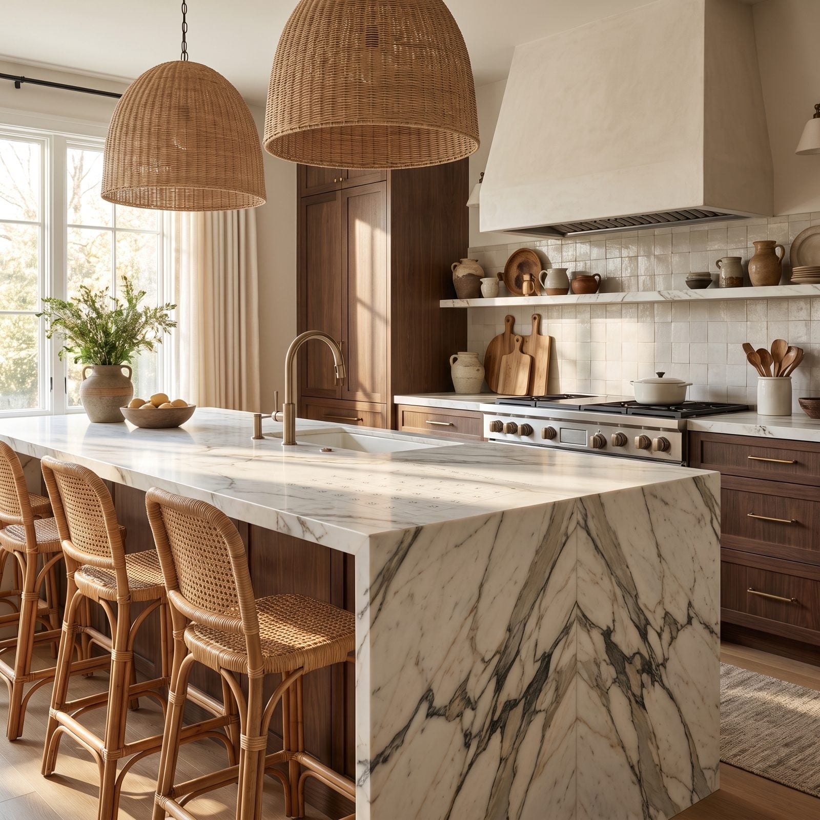 Kitchen with a bold high-contrast book-matched statement stone waterfall island.